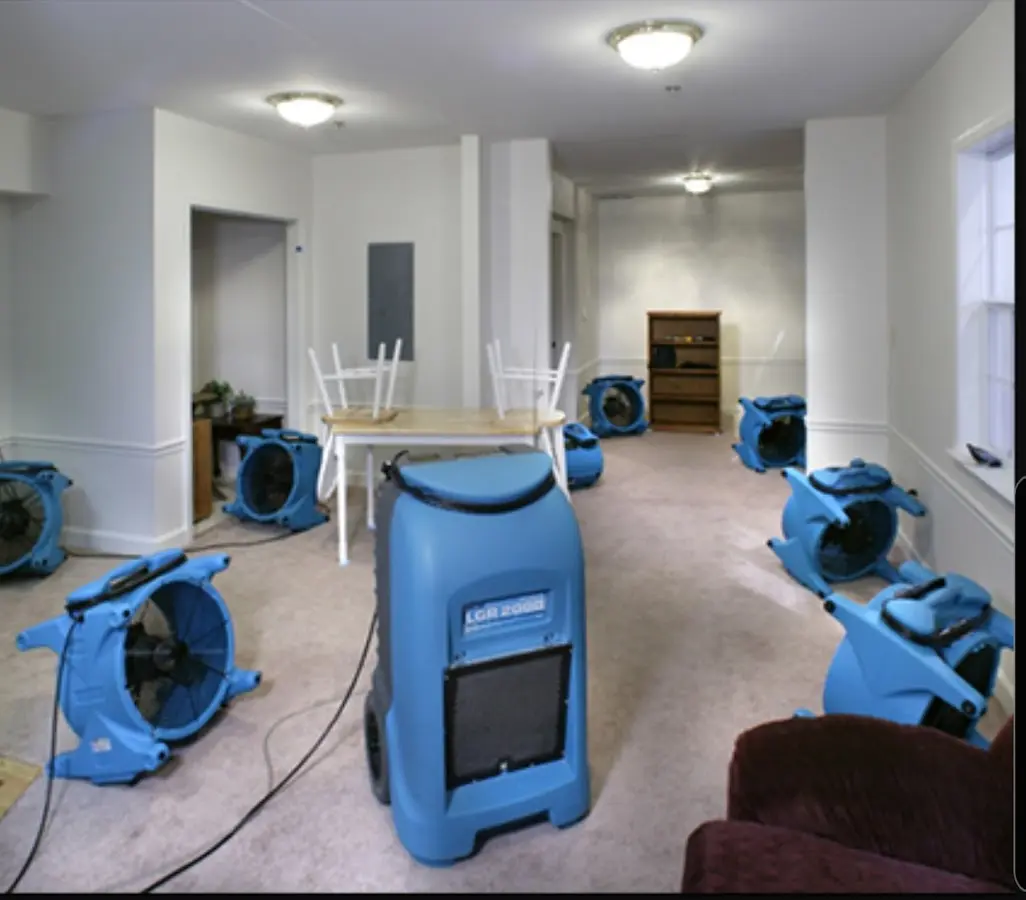 Air movers and dehumidifier setup for Water Extraction & Removal in Evans